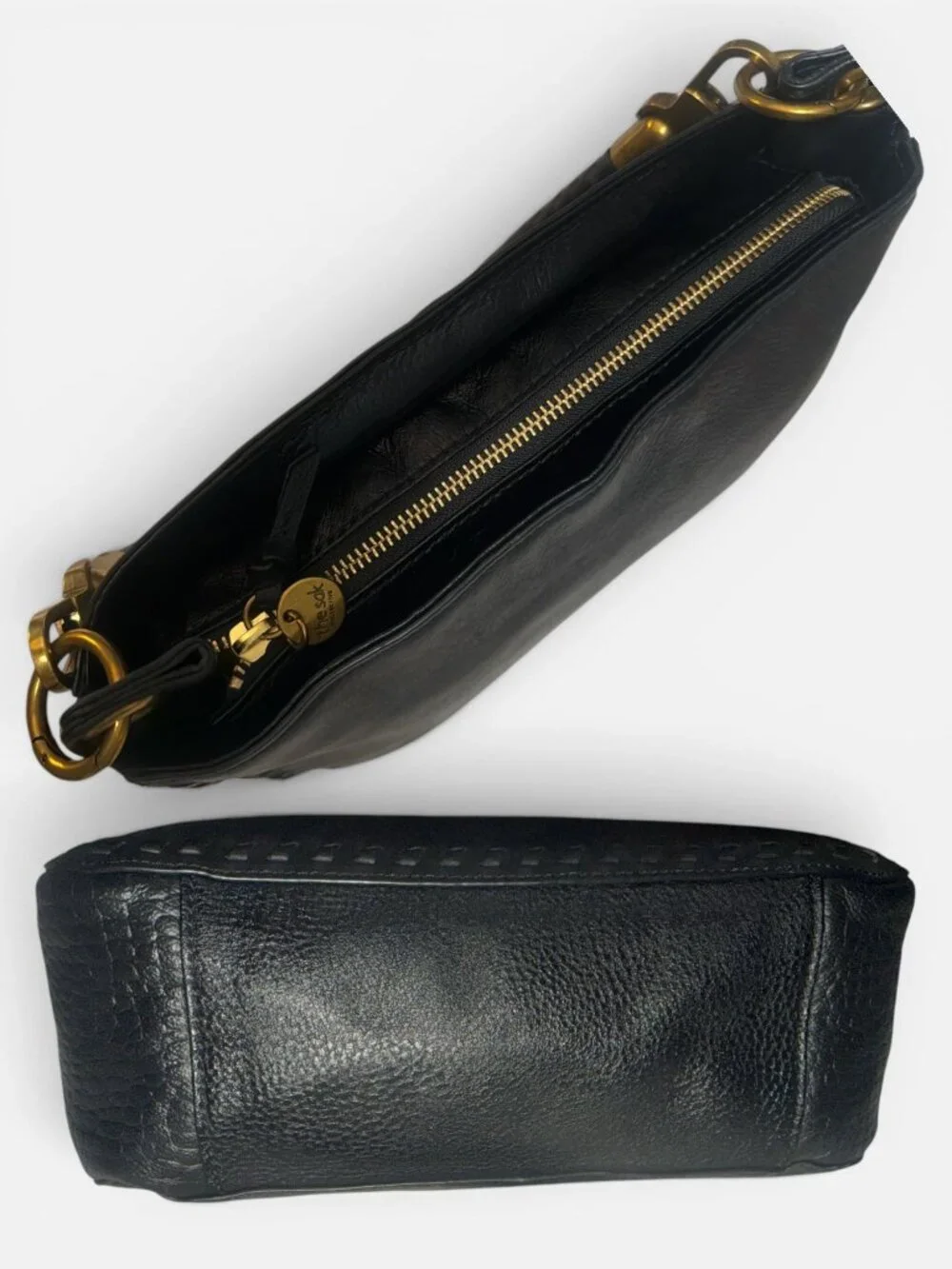 The Sak Collective Estrada Demi Bag Black Leather Brass Whipstitch Shoulder Hobo - Picture 7 of 10